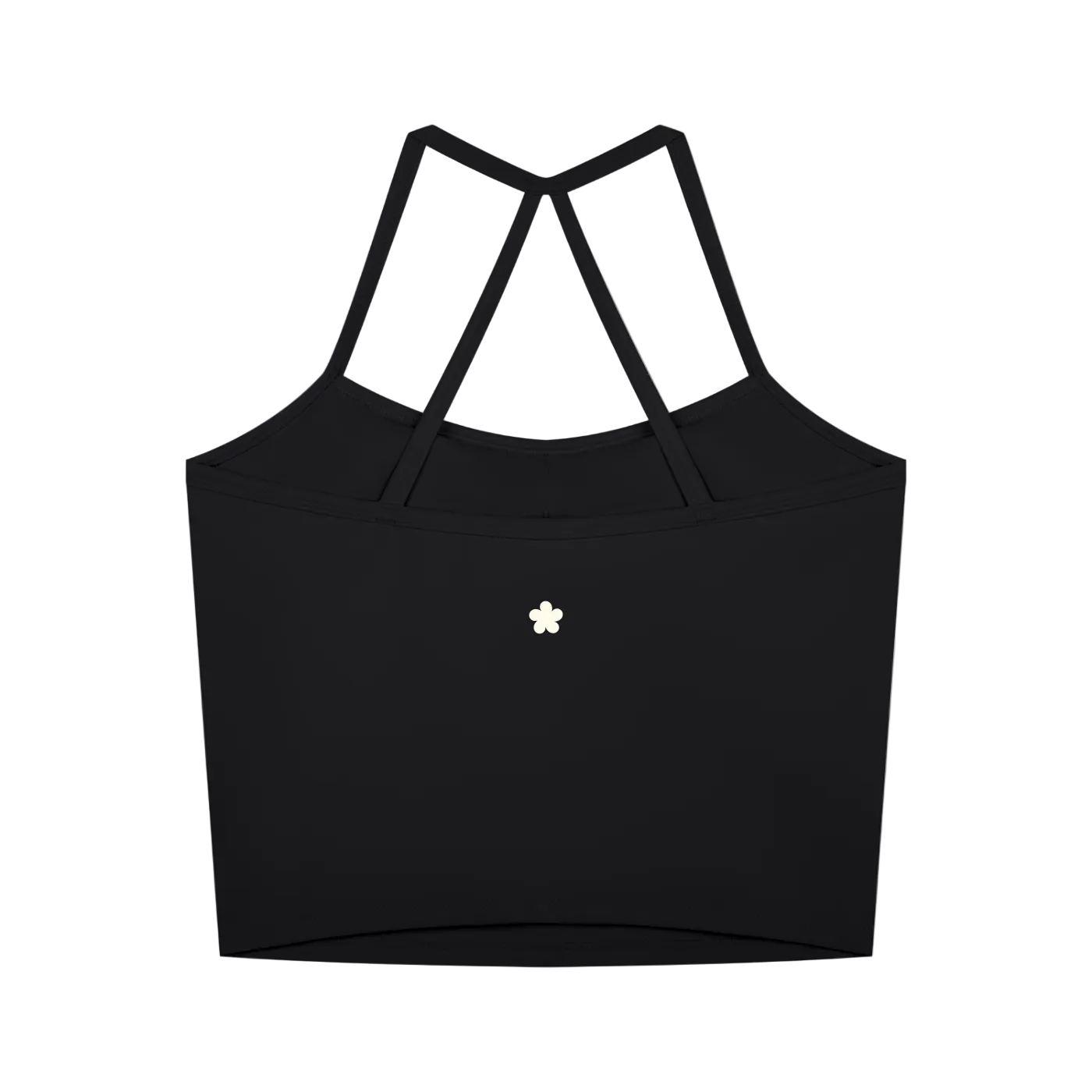 A black sports bra with a wide, structured cup design and thin crisscross straps at the back, featuring a small white flower logo on the center chest.
