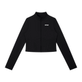 Black jacket with a brand logo.