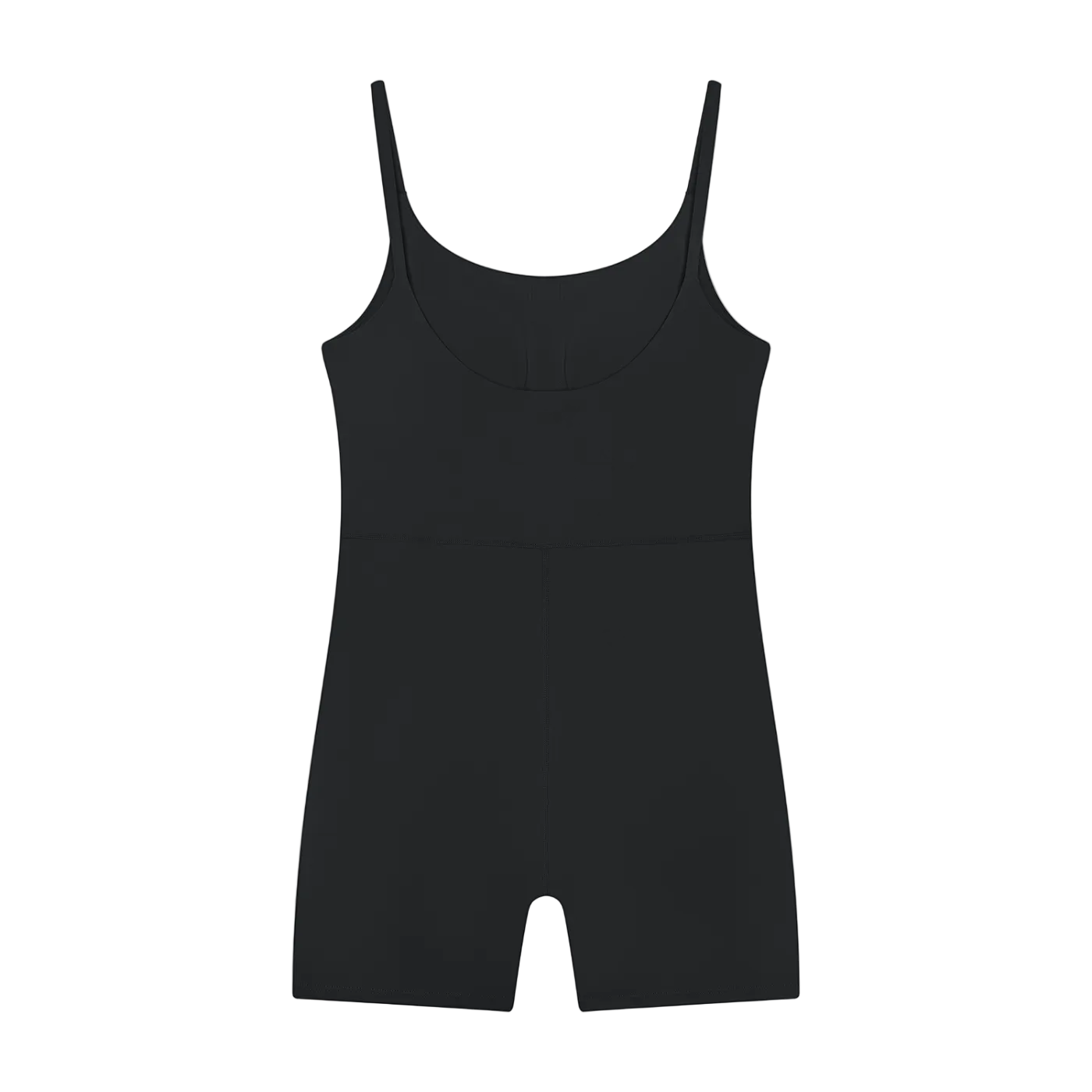 A black sleeveless tank-style romper with a scoop neckline and short legs.