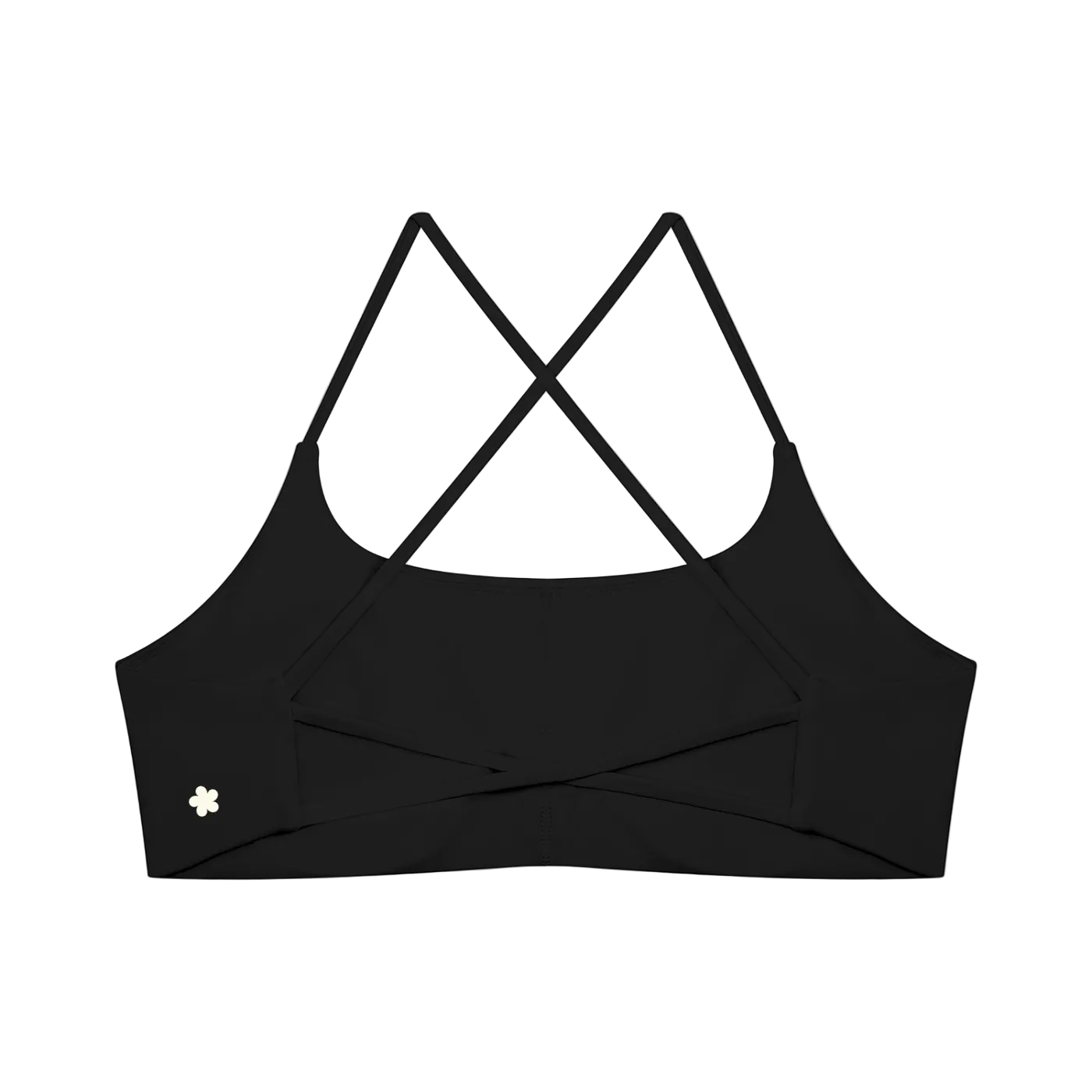 A black sports bra with a square neckline and crisscrossing thin shoulder straps, shown flat. A small circular silver logo is printed on the lower left side.