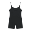 A black sleeveless athletic romper with thin shoulder straps.