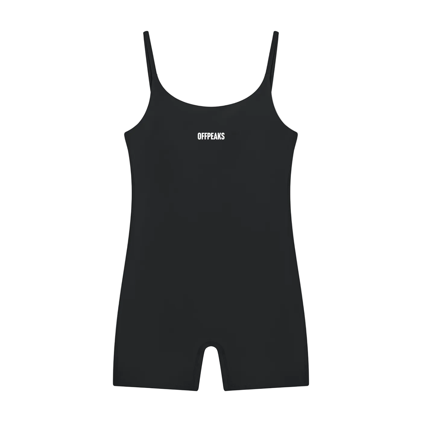 A black sleeveless athletic romper with thin shoulder straps.