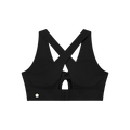 Black sports bra with a crossover criss-cross back strap design and a small white flower logo on the lower left side.