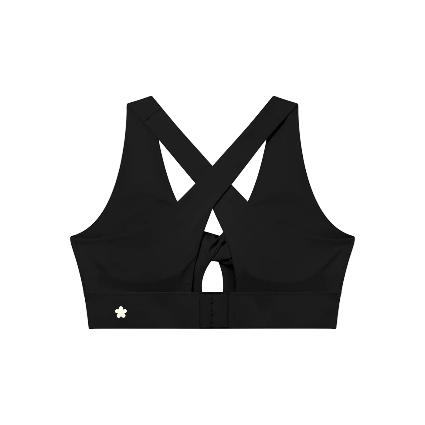 Black sports bra with a crossover criss-cross back strap design and a small white flower logo on the lower left side.
