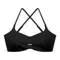 Black sports bra with thin crisscrossing shoulder straps and a small white 'OFFPEAKS' logo printed on the lower center front.