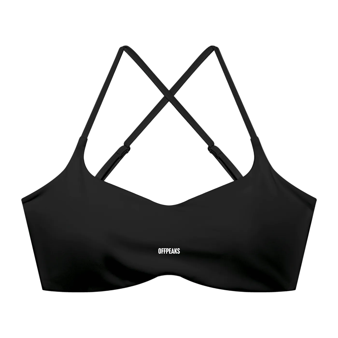 Black sports bra with thin crisscrossing shoulder straps and a small white 'OFFPEAKS' logo printed on the lower center front.