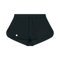 Black athletic shorts with a drawstring waist and a small white flower logo on the left leg.