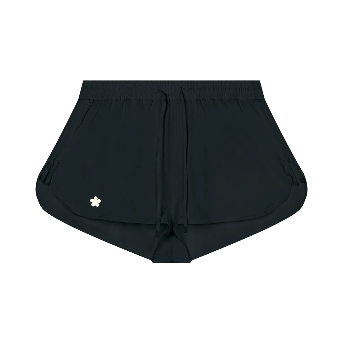 Black athletic shorts with a drawstring waist and a small white flower logo on the left leg.