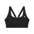A black sports bra with wide shoulder straps that cross at the back and a small white flower logo on the left chest.