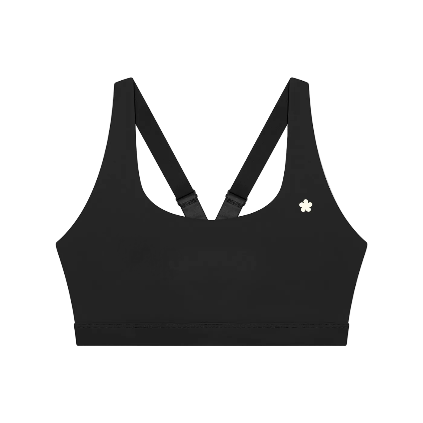 A black sports bra with wide shoulder straps that cross at the back and a small white flower logo on the left chest.