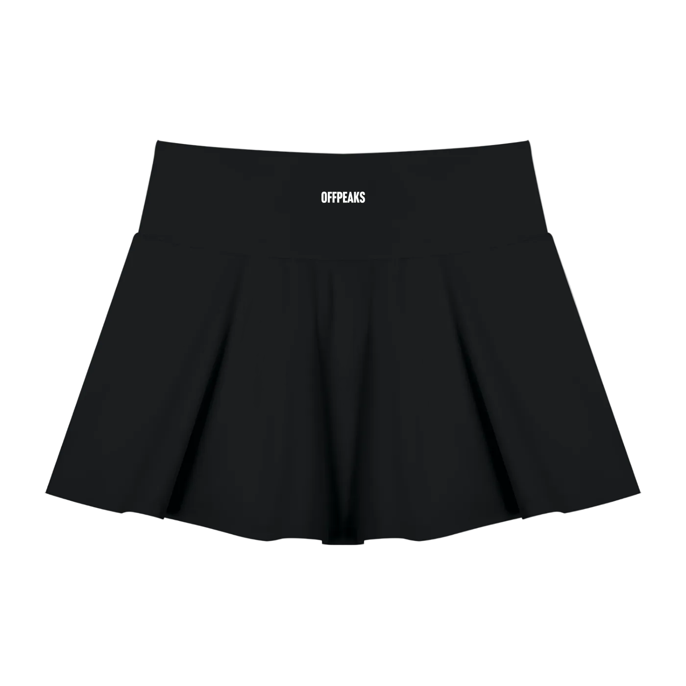 A black pleated athletic skirt with a wide waistband featuring the white text 'OFFPEAKS'.