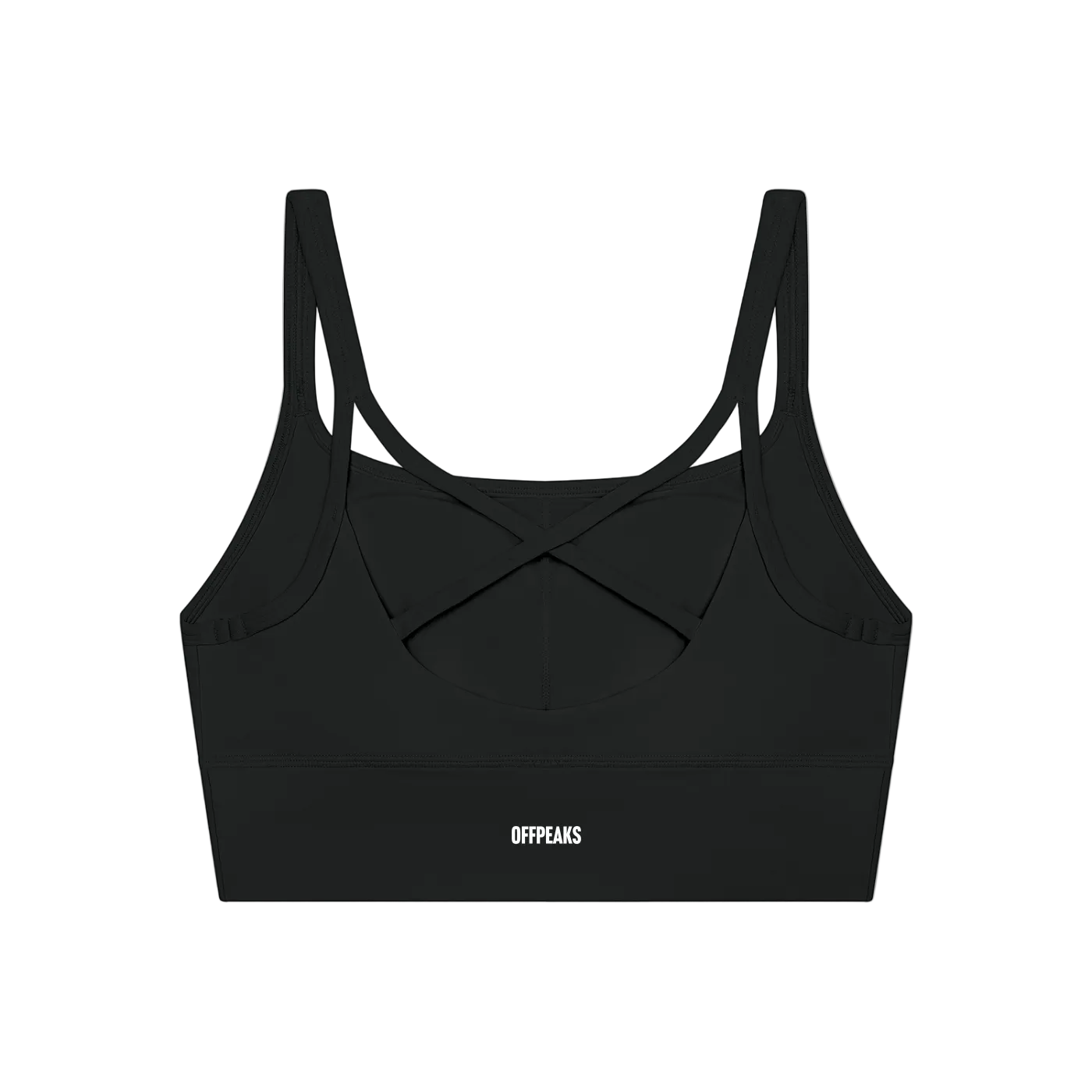 A black sports bra with a wide underband and crossover crisscross straps at the back.