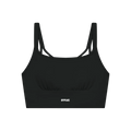 A black sports bra with thin straps, featuring a design on the chest and 'OFFPEAKS' printed on the underband.