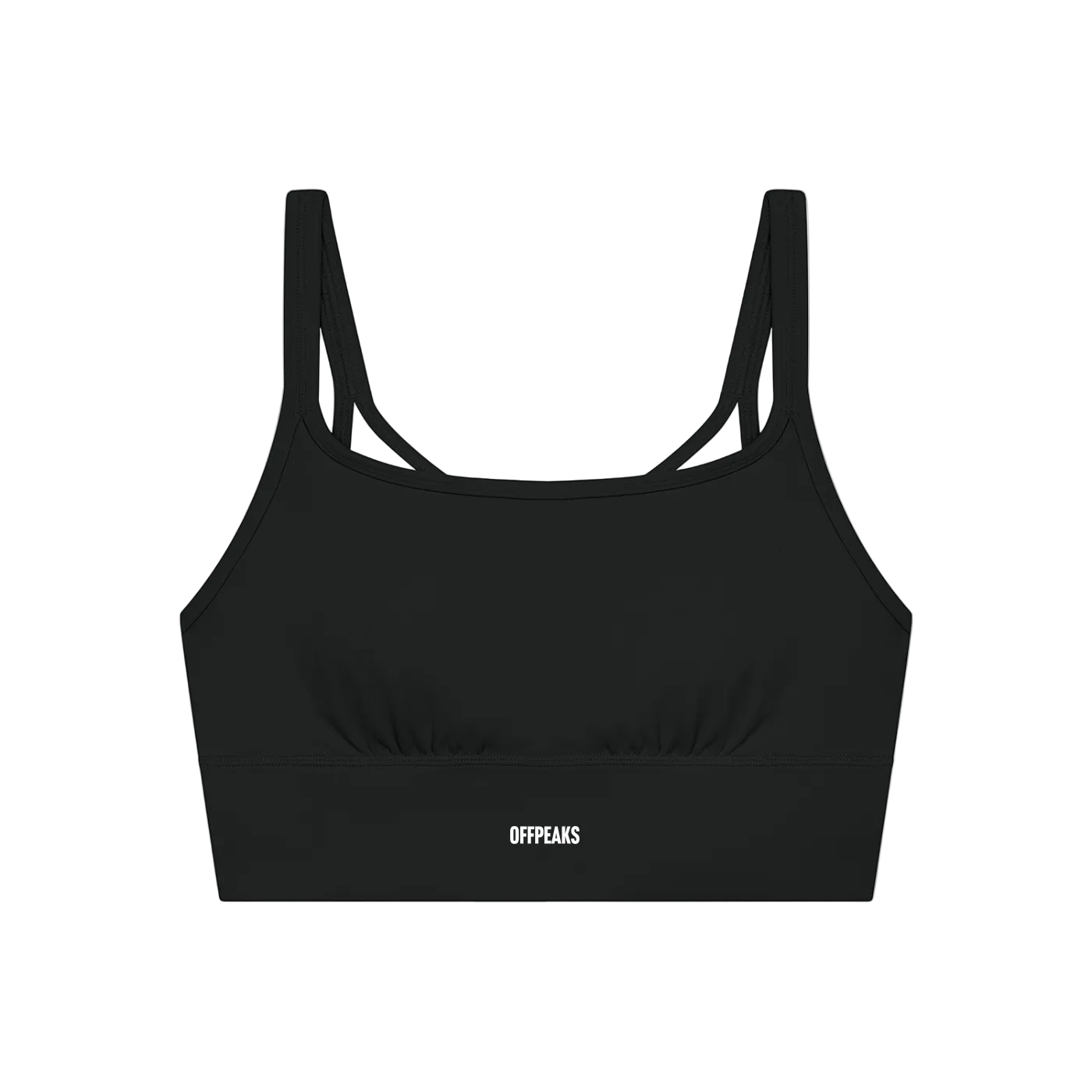 A black sports bra with thin straps, featuring a design on the chest and 'OFFPEAKS' printed on the underband.