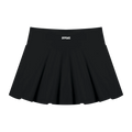 A black pleated tennis skirt with the word 'OFFPEAKS' printed in white on the front waistband.