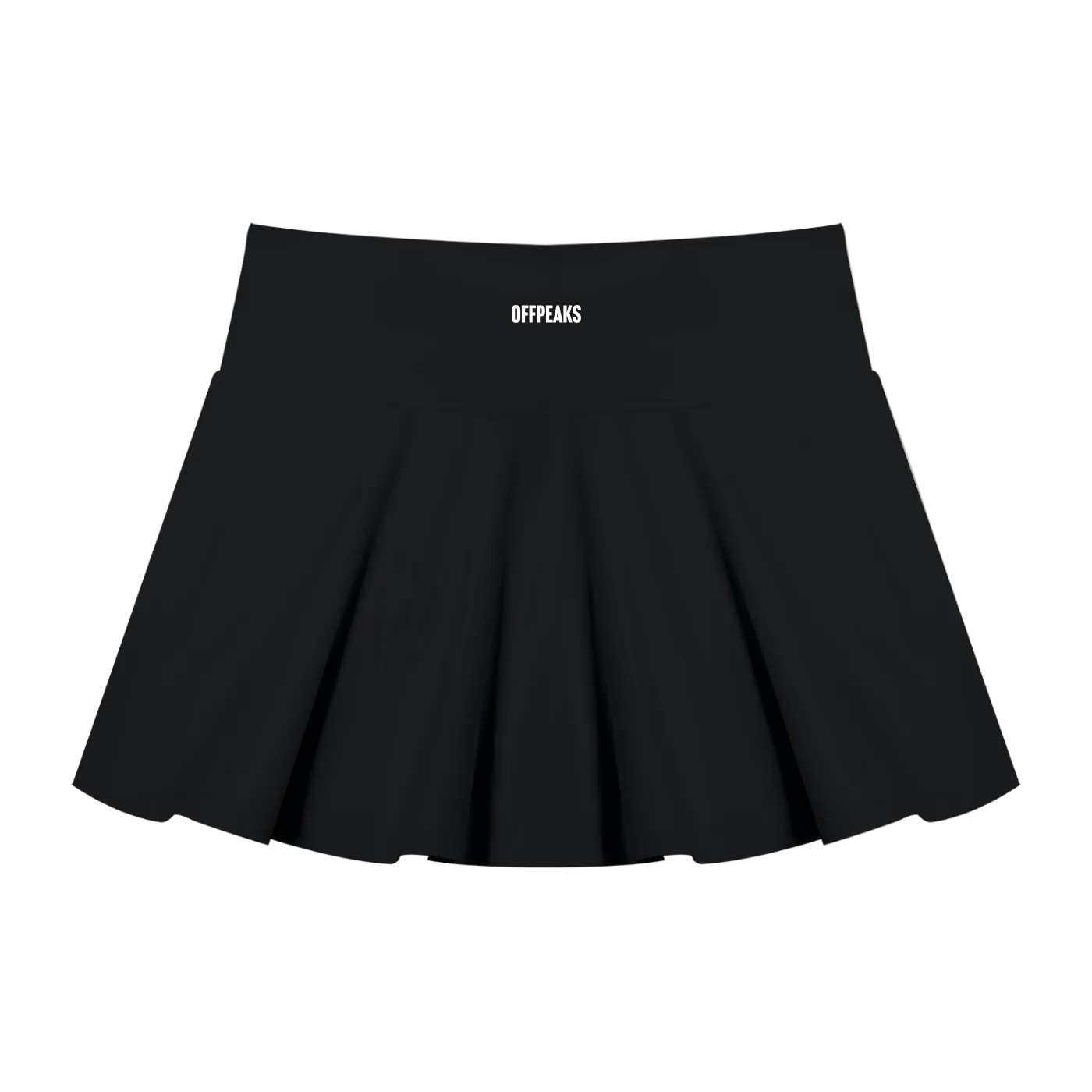 A black pleated tennis skirt with the word 'OFFPEAKS' printed in white on the front waistband.