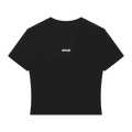 A black short-sleeve crop top t-shirt with the word 'OFFPEAKS' printed in small white capital letters on the left chest.