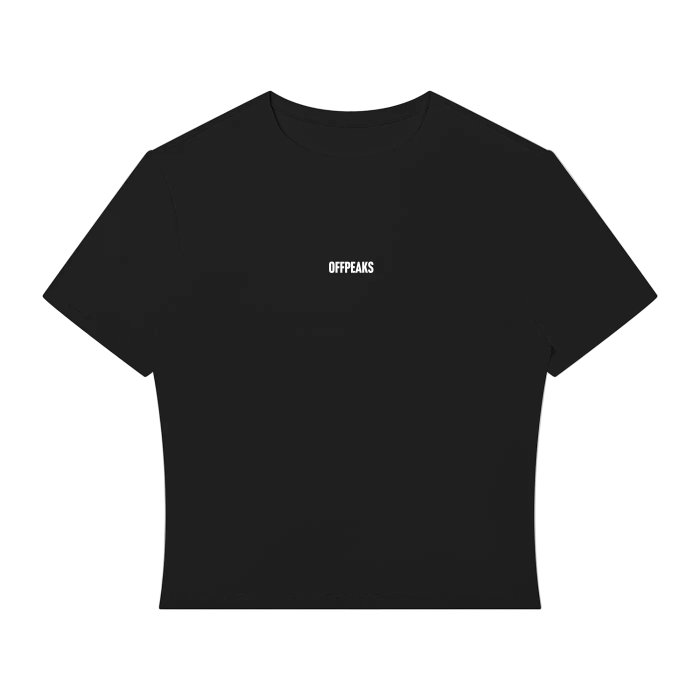 A black short-sleeve crop top t-shirt with the word 'OFFPEAKS' printed in small white capital letters on the left chest.