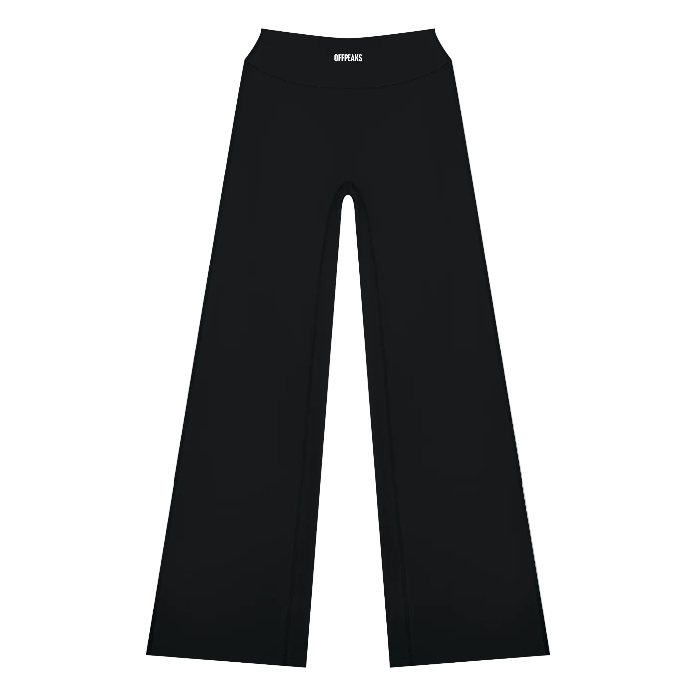 Black wide-leg athletic pants with a small white 'offpeaks' logo on the front waistband,.