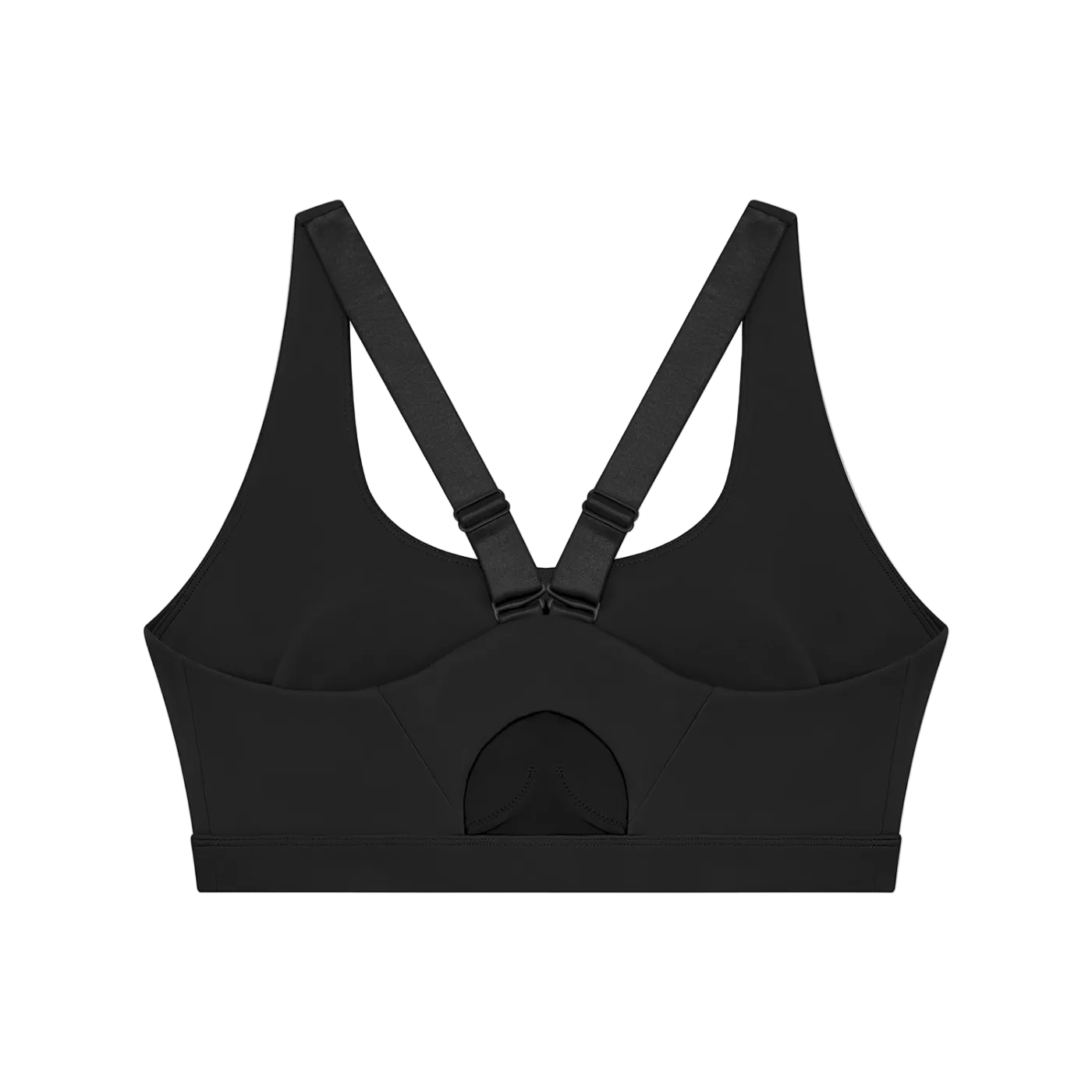 Black sports bra with wide shoulder straps that cross at the back and a front keyhole cutout detail