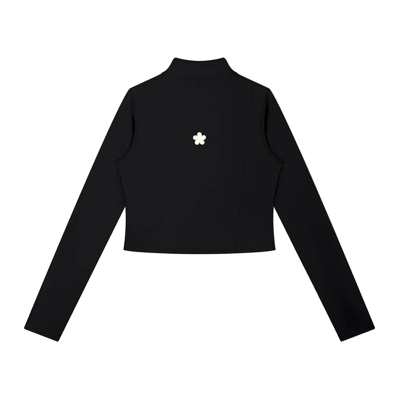Black long-sleeve top with a small white logo.